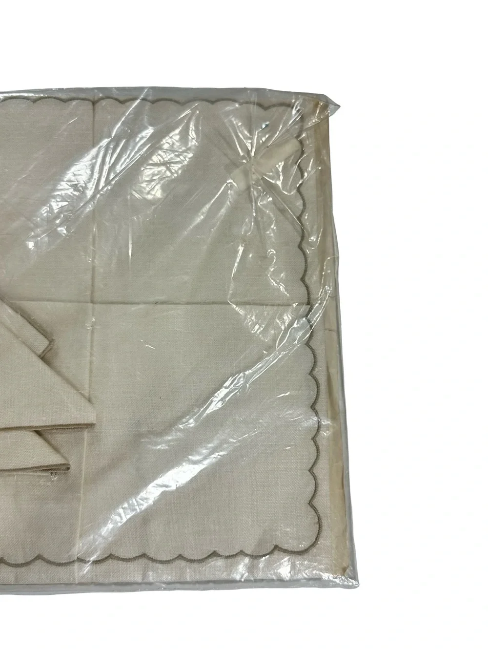 Vtg 50s Imperial 100% Belgian Linen Tablecloth 4 Napkins Tea Set Ivory 42x42 NIP